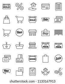 thin line vector icon set - house hold vector, cart, credit card, office, estate document, sale signboard, rooms, sold, low price, new, shopping bag, percent, store, buy, barcode, basket, list