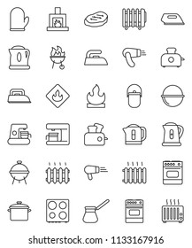thin line vector icon set - iron vector, pan, camping cauldron, kettle, cook glove, turk coffee, oven, bbq, steak, flammable, fireplace, heating, maker, toaster, hair dryer, heater