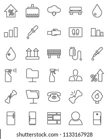 thin line vector icon set - water drop vector, welcome mat, sprayer, percent growth, consolidated cargo, top sign, sorting, classic phone, dropper, broken bone, counter, network folder, bench