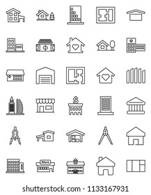 thin line vector icon set - university vector, drawing compass, bank, building, stadium, dry cargo, hospital, home, cottage, chalet, barn, fence, plan, apartments, office, love, store, mall, window