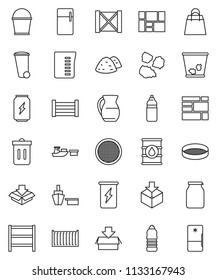 thin line vector icon set - bucket vector, trash bin, garbage pile, measuring cup, jug, sieve, jar, enegry drink, water bottle, sea container, port, wood box, consolidated cargo, package, oil barrel