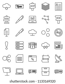 thin line vector icon set - pen vector, notebook pc, document, archive, personal information, laptop graph, no smoking, signpost, attention, satellite antenna, newspaper, network, folder, cloud