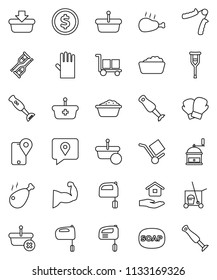 thin line vector icon set - soap vector, cleaner trolley, foam basin, rubber glove, house hold, hand mill, mixer, blender, chicken leg, dollar coin, trainer, muscule, boxing, traking, cargo, basket