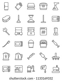 thin line vector icon set - plunger vector, vacuum cleaner, mop, bucket, sponge, car fetlock, rubber glove, kettle, microwave oven, double boiler, blender, fridge, dishwasher, mixer, coffee maker