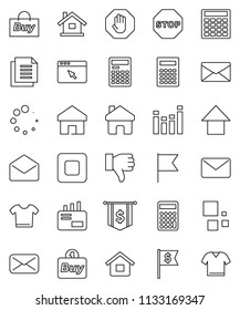 thin line vector icon set - calculator vector, flag, arrow up, dollar, document, equalizer, finger down, mail, stop button, browser, home, loading, house, buy, clothes