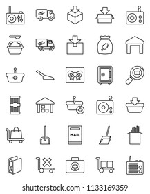 thin line vector icon set - scoop vector, washing powder, cereal, pasta, binder, safe, first aid kit, cargo, no trolley, warehouse, package, search, radio, mailbox, relocation truck, gift, basket