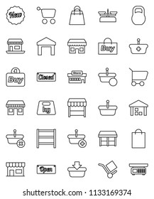 thin line vector icon set - office vector, cargo, warehouse, weight, shelving, new, open, closed, shopping bag, market, store, mall, buy, basket, cart, scales