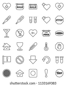thin line vector icon set - sieve vector, arrow down, heart pulse, prohibition sign, no alcohol, cross, attention, glass, rec button, thermometer, vial, undo, stop, sale signboard, low price, new