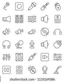 thin line vector icon set - disk vector, music hit, microphone, speaker, loudspeaker, settings, headphones, pause button, forward, rec, rca, jack, equalizer