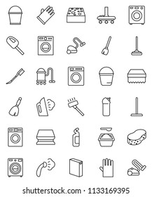 thin line vector icon set - broom vector, vacuum cleaner, mop, bucket, sponge, car fetlock, steaming, washer, washing powder, cleaning agent, rubber glove