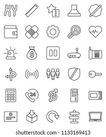 thin line vector icon set - splotch vector, microwave oven, ruler, certificate, wallet, money bag, man, heart pulse, route, signpost, phone 24, package, protected, pause button, gender sign, patch