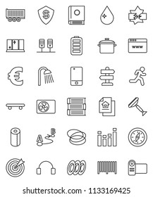 thin line vector icon set - scraper vector, water drop, shining window, toilet paper, shower, pan, plates, book, compass, euro sign, skateboard, hoop, run, signpost, truck trailer, route, equalizer