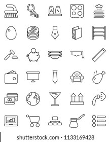 thin line vector icon set - fetlock vector, steaming, plates, turk coffee, oven, cookbook, spices, egg, chicken leg, graduate hat, pen, ruler, laptop graph, wallet, piggy bank, auction, binder, tie