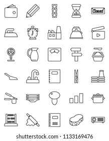 thin line vector icon set - scoop vector, clothespin, sponge, iron, washing powder, plates, water tap, pan, kettle, cook press, rolling pin, jug, mushroom, copybook, pencil, alarm clock, abacus, fan