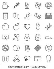 thin line vector icon set - toaster vector, egg, microscope, diet, weight, jump rope, fitball, snickers, shorts, swimsuite, pills, sports nutrition, enegry drink, calendar, breads, no alcohol sign
