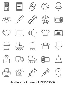 thin line vector icon set - bucket vector, pen, bell, notebook pc, arrow down, roller Skates, target, calendar, dry cargo, speaker, mobile phone, group, heart, thumbtack, syringe, redo, chain, lock