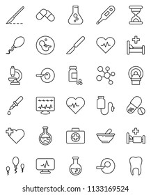 thin line vector icon set - flask vector, heart pulse, pills vial, molecule, cross, first aid kit, thermometer, pregnancy, insemination, dropper, scalpel, sand clock, mortar, microscope, tomography