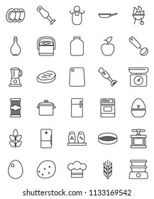 thin line vector icon set - plates vector, pan, oil, cook hat, apron, timer, press, ladle, cutting board, oven, spices, blender, bbq, sieve, jar, egg, pasta, potato, steak, apple fruit, cereals
