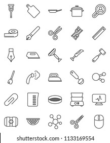 thin line vector icon set - scraper vector, broom, steaming, pan, colander, measuring cup, ladle, meat hammer, cutting board, double boiler, sieve, pen, ruler, first aid kit, social media, crutches
