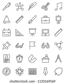 thin line vector icon set - pen vector, corner ruler, drawing compass, glasses, student, case, backpack, atom, bell, notebook pc, alarm clock, schedule, paper pin, magnet, scissors, presentation