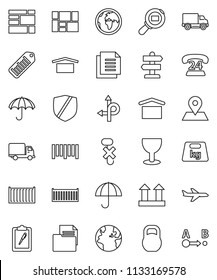 thin line vector icon set - route vector, signpost, earth, map pin, plane, phone 24, sea container, delivery, consolidated cargo, clipboard, document, glass, umbrella, dry, top sign, no hook, weight