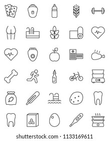 thin line vector icon set - double boiler vector, cereal, egg, potato, chicken leg, oil, apple fruit, barbell, heart pulse, bike, buttocks, water bottle, fitness mat, cereals, breads, pool, bone