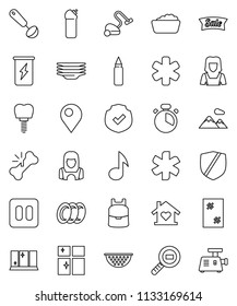 thin line vector icon set - vacuum cleaner vector, window cleaning, foam basin, agent, plates, shining, woman, colander, cook timer, ladle, backpack, music, punching bag, enegry drink, protected
