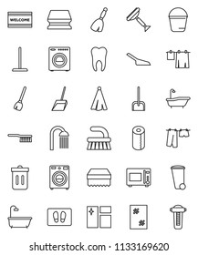 thin line vector icon set - scraper vector, broom, fetlock, mop, scoop, bucket, sponge, trash bin, window cleaning, welcome mat, bath, drying clothes, washer, toilet paper, shower, towel, tooth