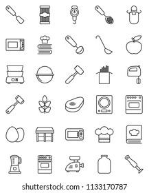 thin line vector icon set - camping cauldron vector, scales, cook hat, apron, skimmer, spatula, ladle, meat hammer, mixer, microwave oven, double boiler, cookbook, jar, egg, pasta, steak, diet