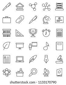 thin line vector icon set - copybook vector, pen, blackboard, corner ruler, student, case, atom, microscope, table lamp, calculator, notebook pc, alarm clock, award cup, certificate, abacus, music