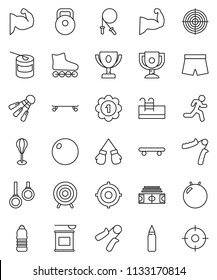 thin line vector icon set - award cup vector, target, stadium, weight, jump rope, hand trainer, punching bag, fitball, muscule, boxing glove, shorts, roller Skates, skateboard, medal, water bottle