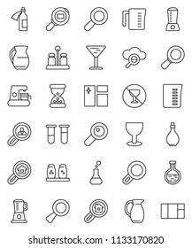 thin line vector icon set - window cleaning vector, oil, measuring cup, spices, jug, magnifier, no alcohol sign, glass, cargo search, flask, vial, sand clock, potion, cloud, estate, client, blender