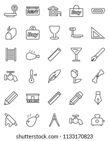 thin line vector icon set - water tap vector, washboard, rolling pin, thermometer, chicken leg, pen, pencil, corner ruler, drawing compass, glass, tulip, big scales, Railway carriage, hdmi, cottage