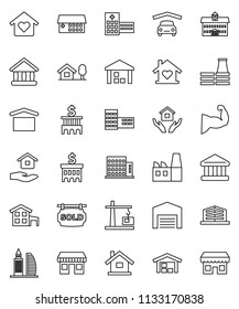 thin line vector icon set - house hold vector, university, school building, bank, muscule hand, office, dry cargo, warehouse, hospital, cottage, chalet, garage, barn, sold signboard, apartments