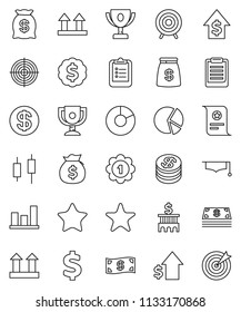 thin line vector icon set - graduate hat vector, clipboard, award cup, certificate, graph, pie, japanese candle, money bag, dollar growth, bank building, medal, sign, target, top, favorites, coin
