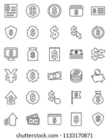 thin line vector icon set - exchange vector, dollar coin, cash, money bag, piggy bank, growth, receipt, medal, flag, shield, calendar, monitor, cursor, yen sign