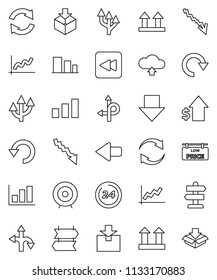 thin line vector icon set - graph vector, crisis, dollar growth, target, arrow down, route, signpost, top sign, package, sorting, backward button, refresh, redo, undo, cloud upload, 24 hour