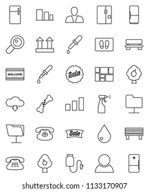 thin line vector icon set - water drop vector, welcome mat, sprayer, consolidated cargo, top sign, sorting, classic phone, magnifier, dropper, broken bone, counter, network folder, bench, fruit tree