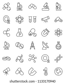 thin line vector icon set - thermometer vector, drawing compass, atom, telescope, microscope, magnet, flask, pills, molecule, oxygen, satellite, antenna, vial, dna, ovule