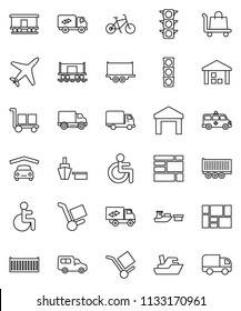 thin line vector icon set - bike vector, Railway carriage, plane, traffic light, ship, truck trailer, sea container, delivery, car, port, consolidated cargo, warehouse, disabled, amkbulance, garage