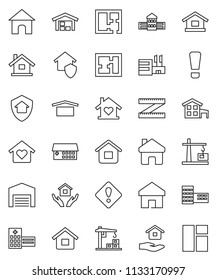 thin line vector icon set - house hold vector, school building, measuring, dry cargo, hospital, home, attention sign, cottage, barn, plan, love, construction crane, protect, mall, window