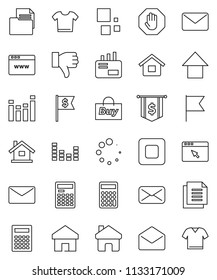 thin line vector icon set - calculator vector, flag, arrow up, dollar, document, equalizer, finger down, mail, stop button, browser, home, loading, house, buy, clothes