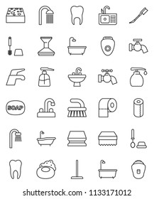 thin line vector icon set - soap vector, water tap, fetlock, mop, sponge, car, bath, toilet brush, liquid, paper, shower, sink, tooth, epilator