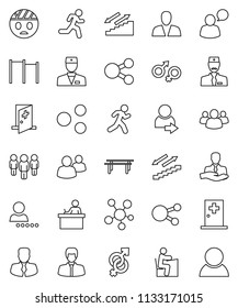 thin line vector icon set - student vector, manager, man, horizontal bar, stairways run, client, speaking, social media, group, doctor, gender sign, head bandage, medical room, share, login