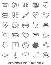 thin line vector icon set - sieve vector, arrow down, heart pulse, prohibition sign, no alcohol, cross, attention, glass, rec button, thermometer, vial, undo, stop, sale signboard, low price, new