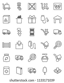 thin line vector icon set - washing powder vector, cereal, pasta, delivery, wood box, cargo, no trolley, hook, warehouse, package, search, pills bottle, drop counter, relocation truck, gift