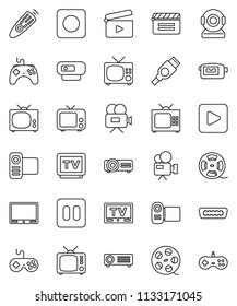 thin line vector icon set - cinema clap vector, film spool, tv, gamepad, video camera, remote control, play button, pause, rec, hdmi, web, projector