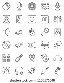 thin line vector icon set - disk vector, music hit, microphone, speaker, loudspeaker, settings, headphones, pause button, rec, rca, jack, equalizer