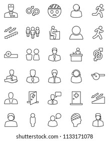 thin line vector icon set - water closet vector, student, manager, man, stairways run, support, client, speaking, doctor, gender sign, eye hat, head bandage, medical room, consumer