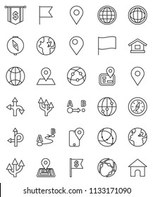thin line vector icon set - compass vector, world, flag, dollar, route, navigator, earth, map pin, traking, internet, connection, globe, arrow, home